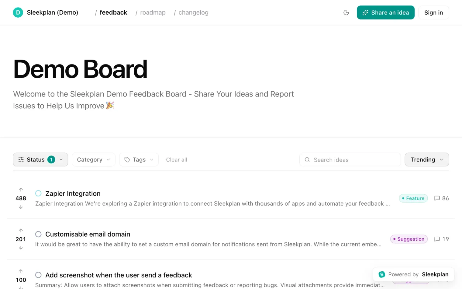The Sleekplan demo feedback portal on its own domain: a Demo Board page with status, category and tag filters, a search field, and feature requests ranked by votes with their category and comment count.