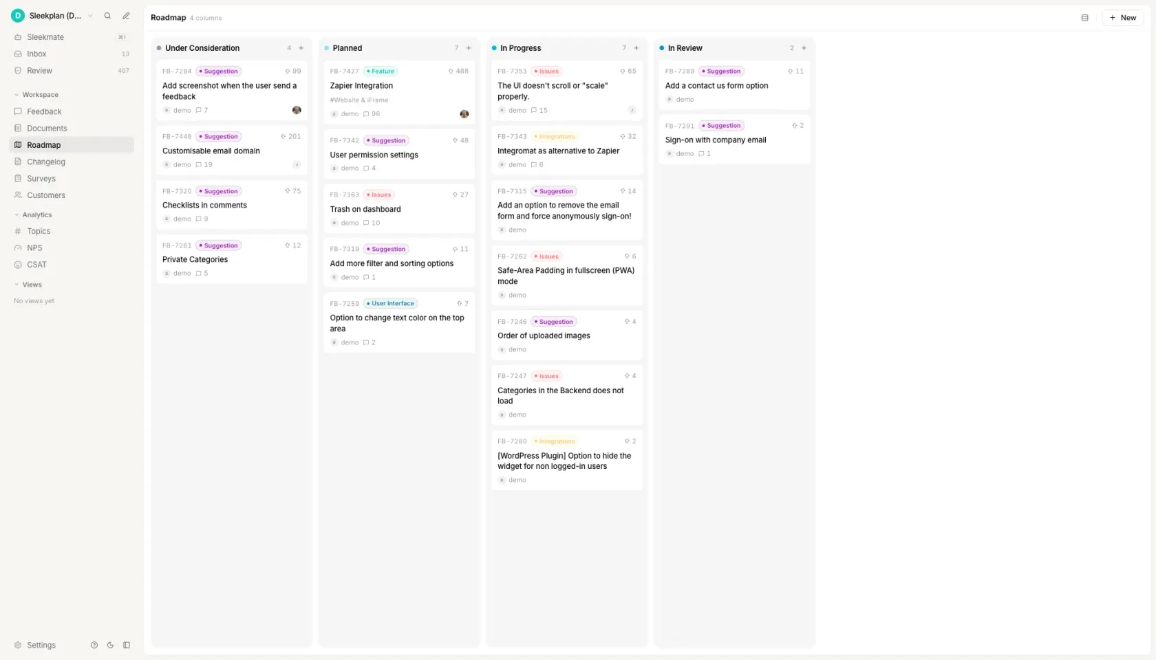 The Sleekplan roadmap board with four columns, Under Consideration, Planned, In Progress and In Review, and every card carrying the vote count of the request behind it, so the people who asked can see which column their request landed in