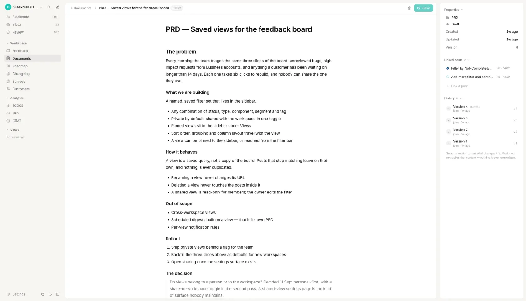 A PRD document in Sleekplan showing its problem and scope sections, with the two feedback posts it was drafted from linked in the right rail and four saved versions in its history