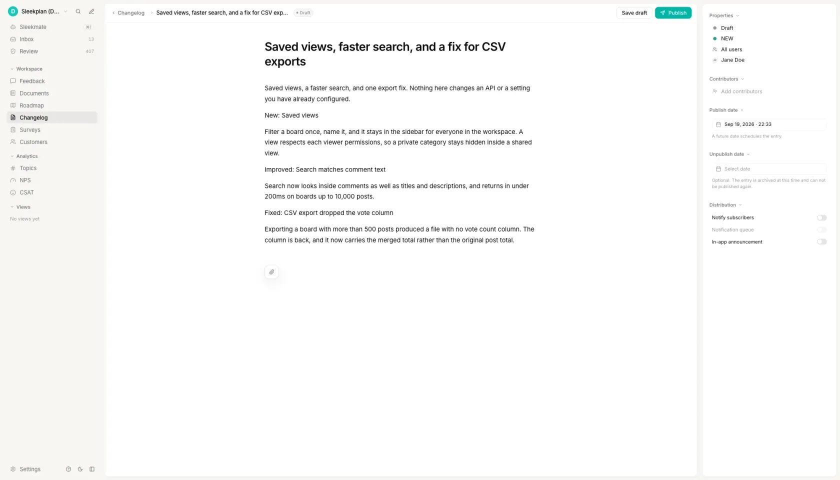 A release note open in the Sleekplan changelog editor with its entries grouped under New, Improved and Fixed, typed as NEW, addressed to all users, carrying a publish date and the subscriber, queue and in-app announcement toggles in the right rail
