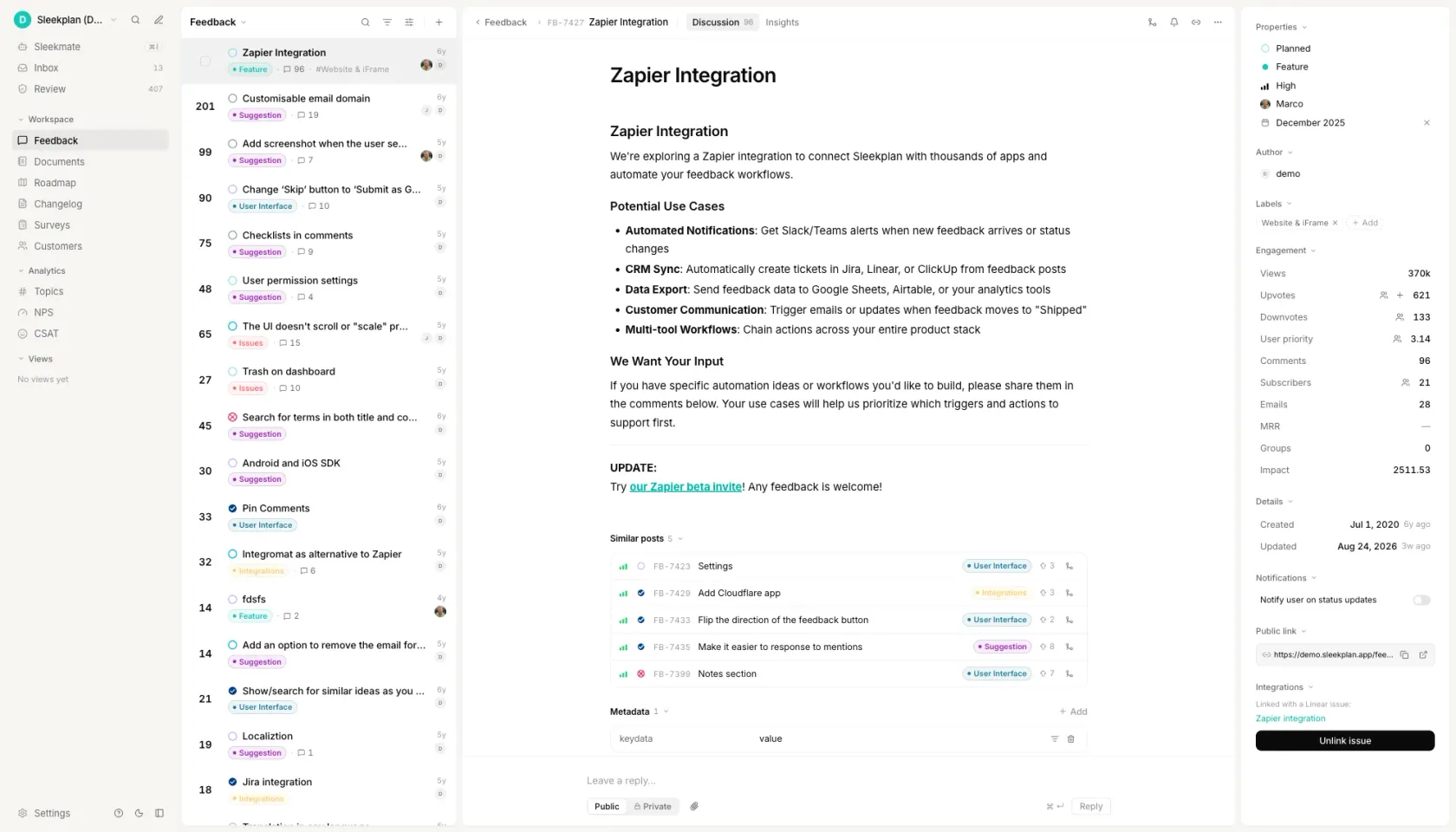A Sleekplan feedback board with one request open beside it, its engagement rail showing 621 upvotes, 133 downvotes, 96 comments and 21 subscribers, and five similar posts listed below, the kind of count that belongs in the Reach column of a RICE prioritization score