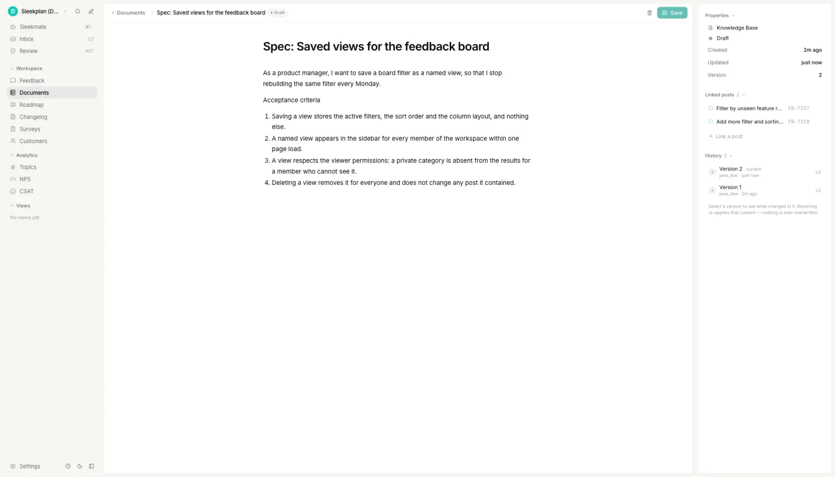 A spec document open in Sleekplan containing a user story sentence and four numbered acceptance criteria, with the right rail showing the two feedback requests the spec is linked to and its version history