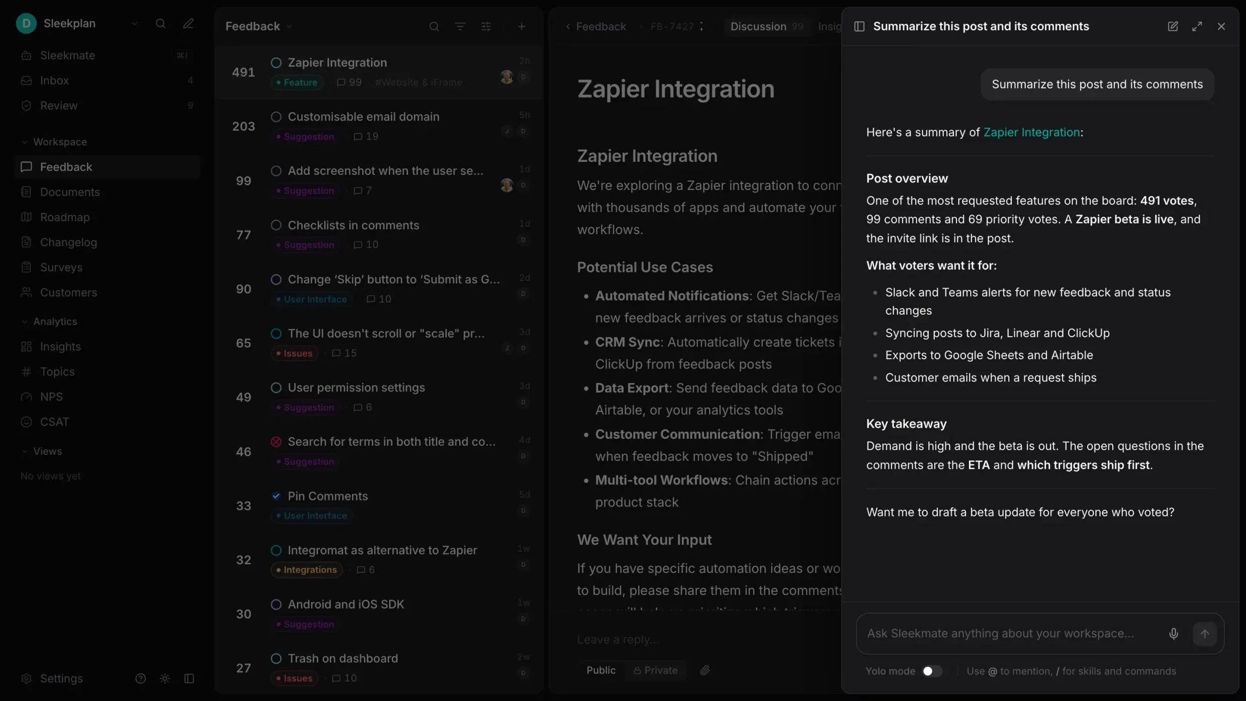 Sleekmate open on the Zapier Integration post in the Sleekplan admin, in dark mode: asked to summarize the post and its comments, it reports 491 votes, 99 comments and a live beta, lists the four things voters want the integration for, and names the open questions in the thread