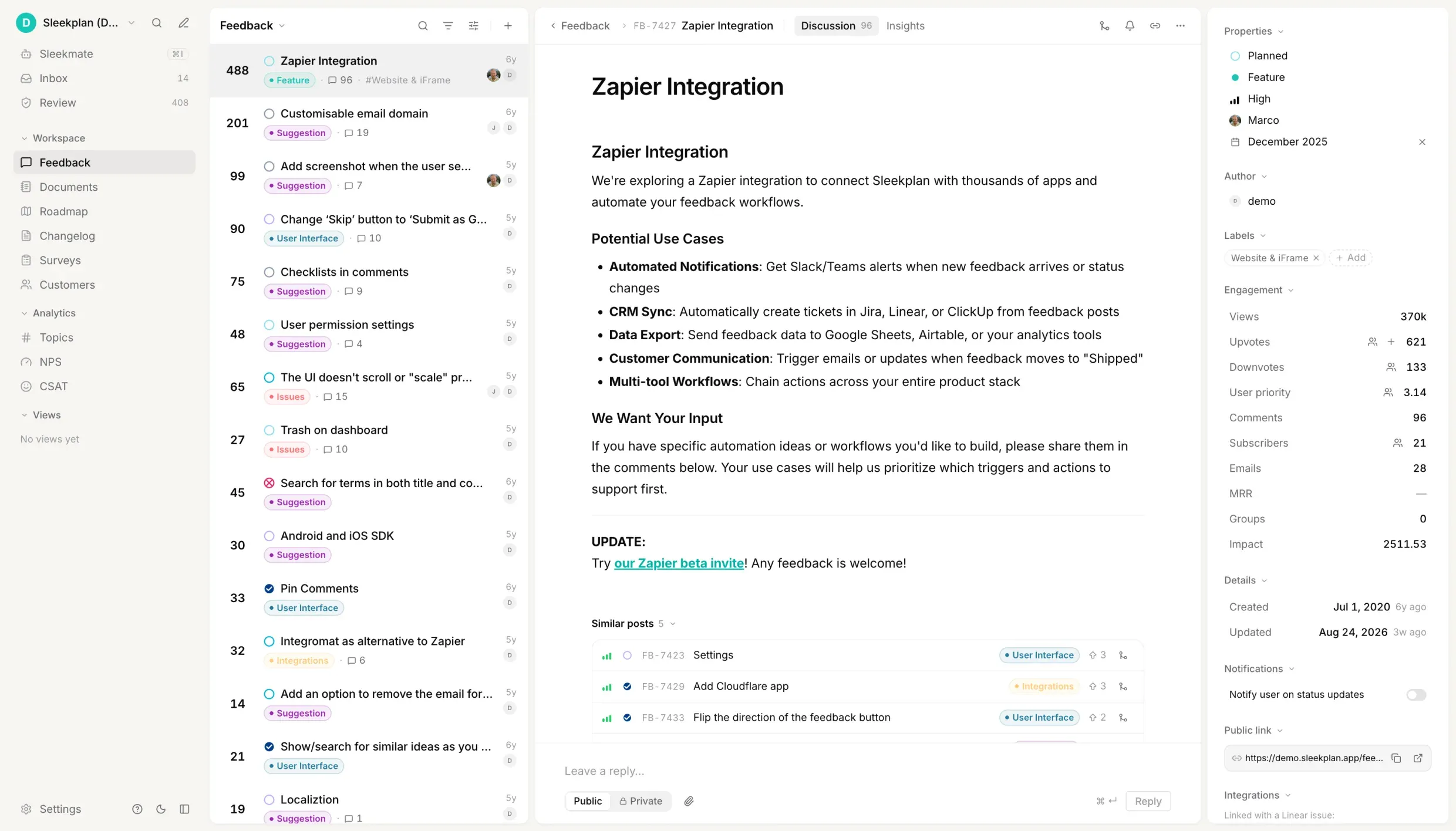 Sleekplan feedback admin view: feature requests ranked by vote count on the left, the top request open with its description and similar posts in the middle, and its status, priority, upvotes and impact score in the right rail