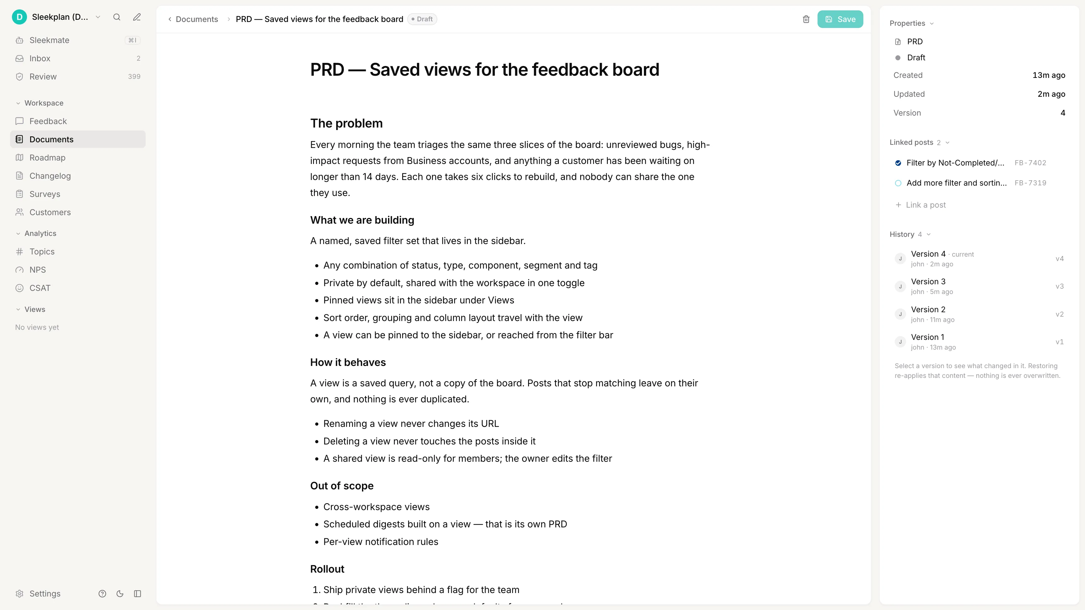 Sleekplan Documents admin view: a PRD showing its document type, version history and two linked feedback posts