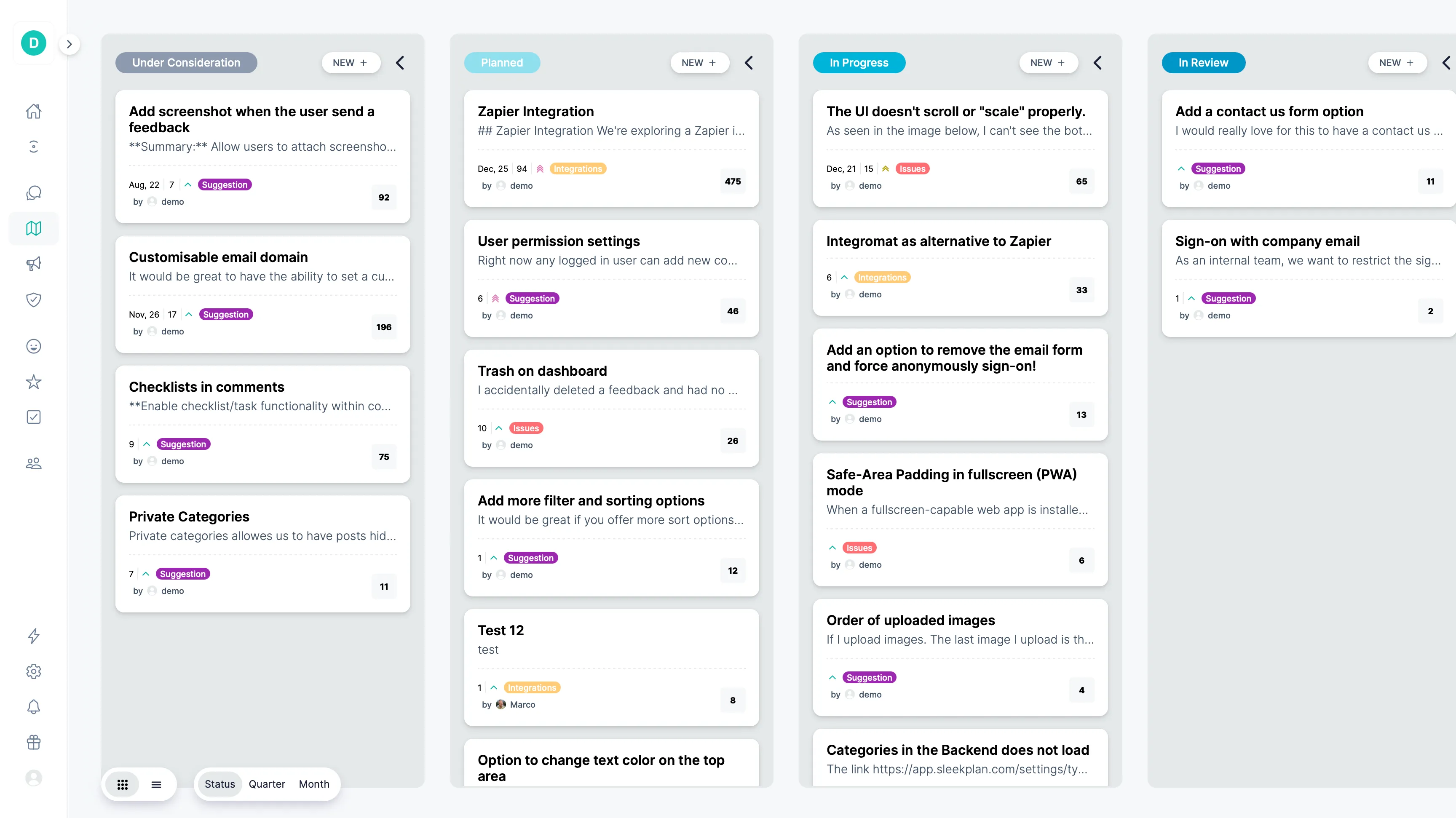 Sleekplan Roadmap admin view: kanban columns for Under Consideration, Planned, In Progress and In Review
