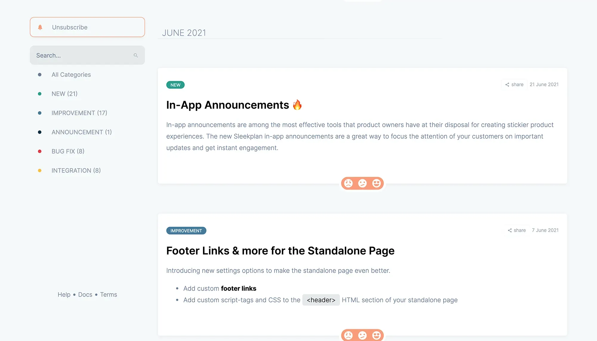 Standalone changelog board with release entries and category filters