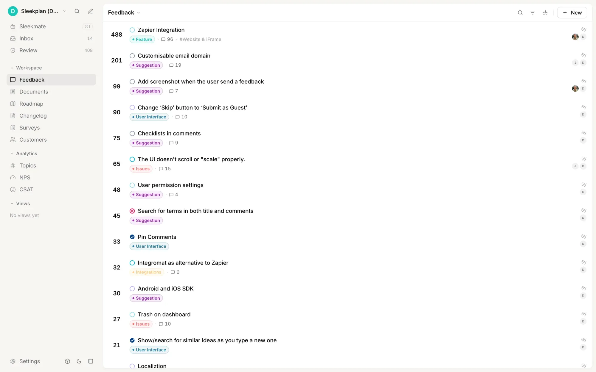 The Sleekplan admin feedback board sorted by votes, showing requests at 488, 201, 99 and 90 votes, each with a status dot, a category such as Feature or Issues, a component tag and a comment count