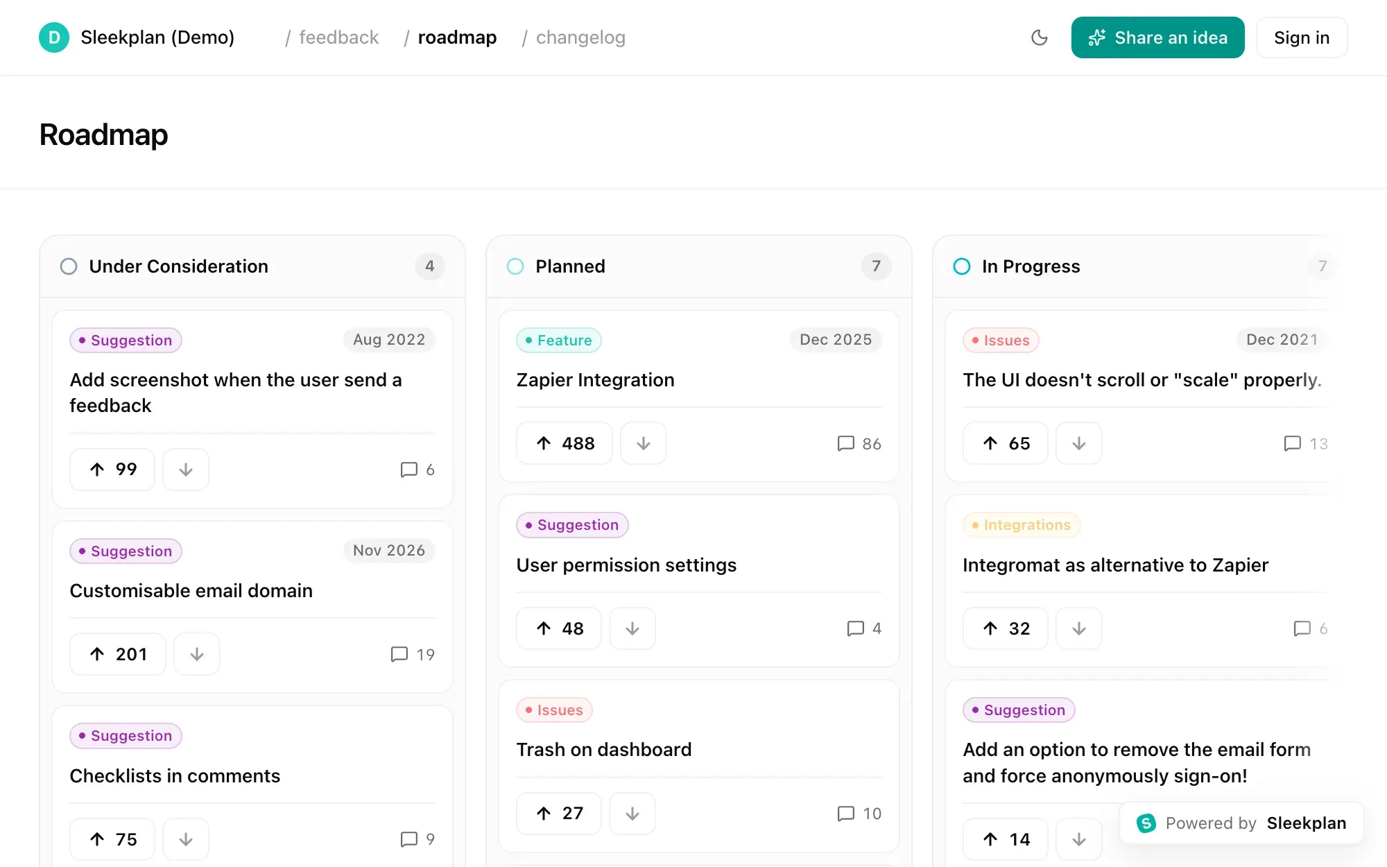 The public Sleekplan roadmap a customer sees, with Under Consideration, Planned and In Progress columns, each card showing its category, estimated month, vote arrows and comment count