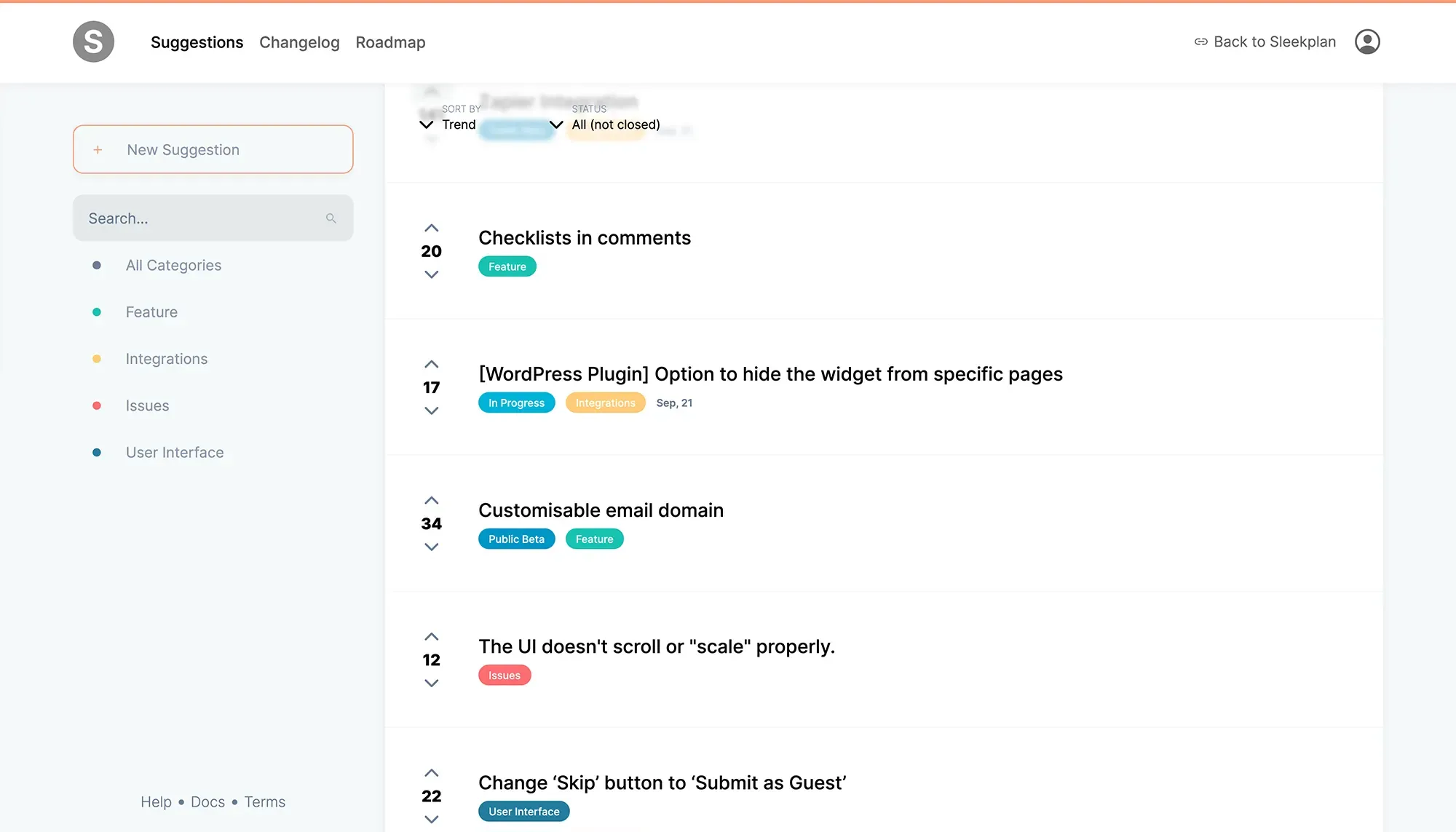 Standalone feature request board with vote counts and categories