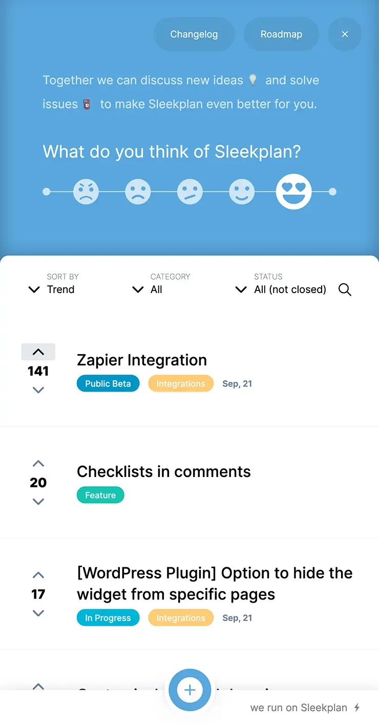 Embedded feature request widget on a SaaS app