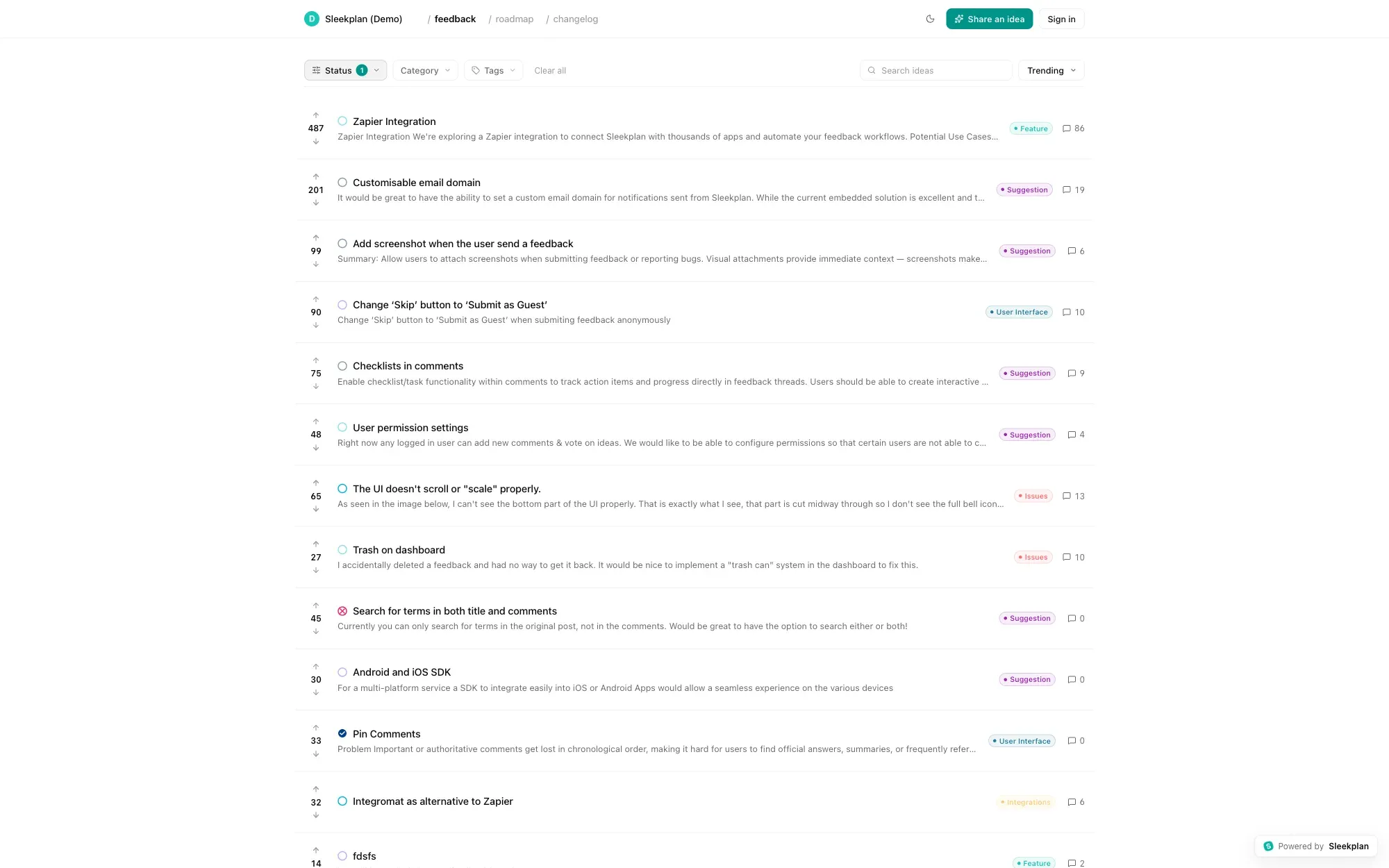Public idea board with vote counts, categories and comment threads