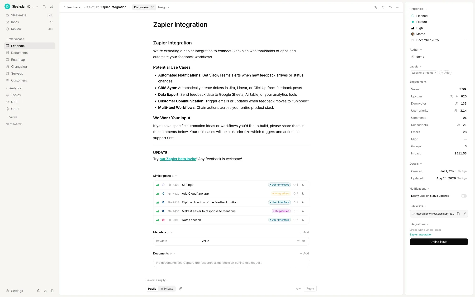 Idea detail view showing status, priority, impact score and similar posts