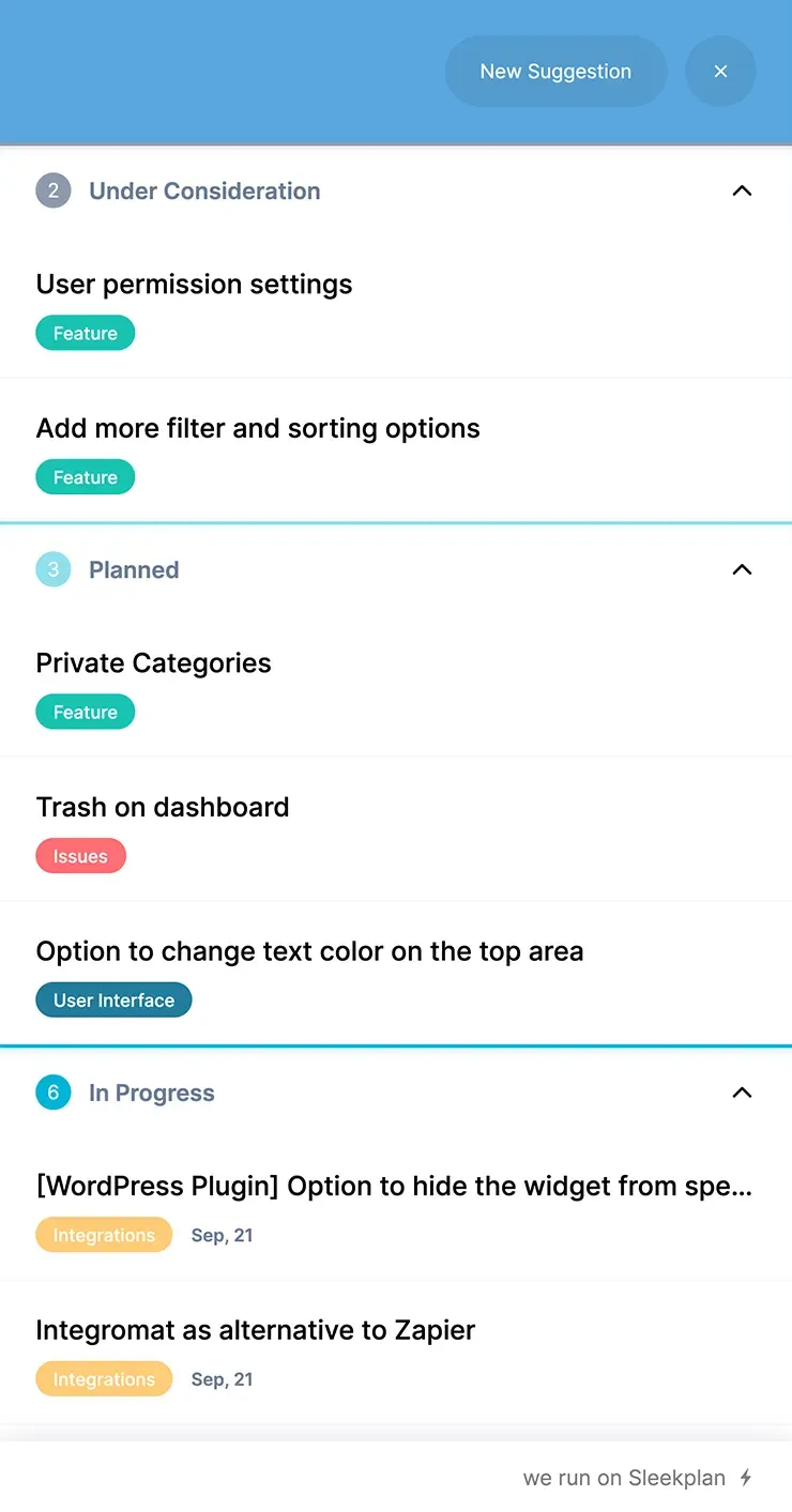 Roadmap displayed inside an in-app widget