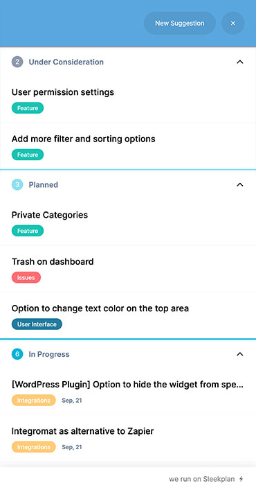 Roadmap tool as in-app widget