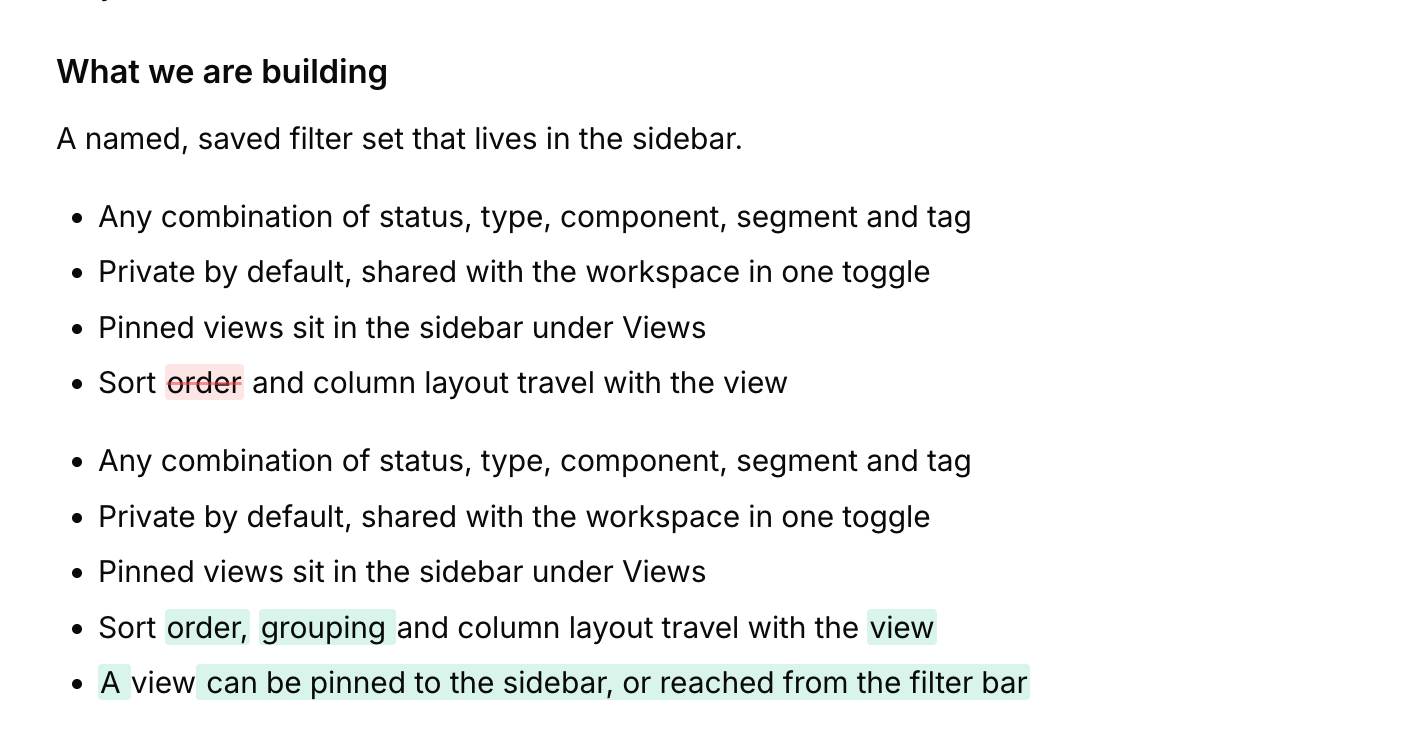 A Sleekplan document diff: one list item reworded with the changed words highlighted, and a newly added list item highlighted in full